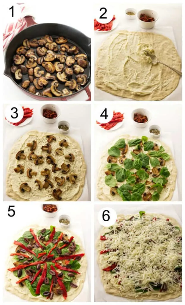 Photo collage showing how to make mushroom pizza with garlic sauce.