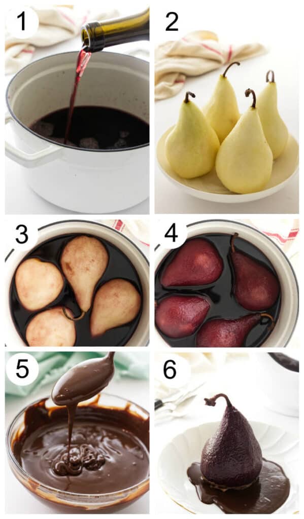 process photos showing the steps to make red wine poached pears