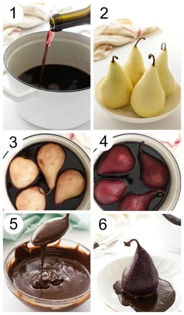 process photos showing the steps to make red wine poached pears