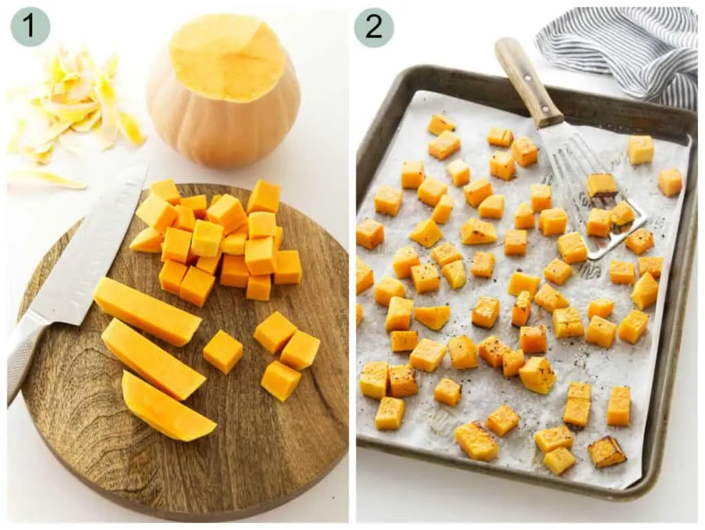 Two photos showing how to prep butternut squash for a salad