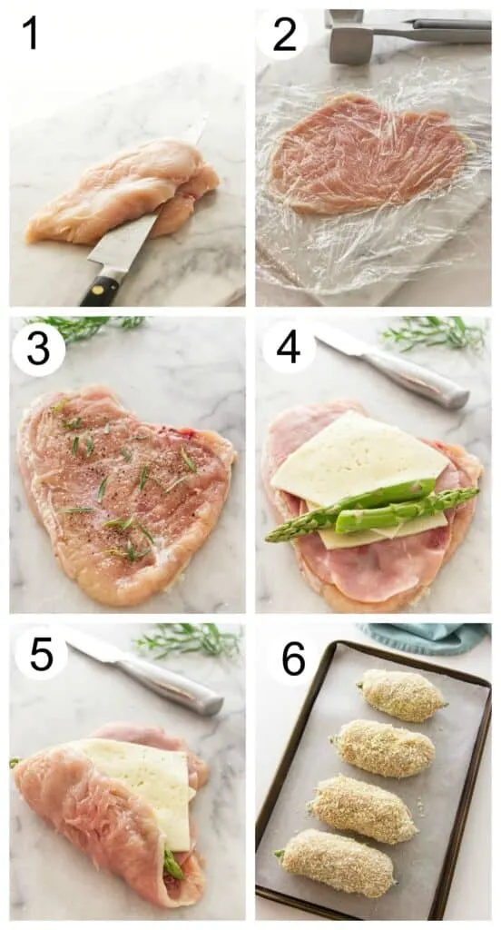 Photos showing how to make chicken cordon bleu with asparagus.