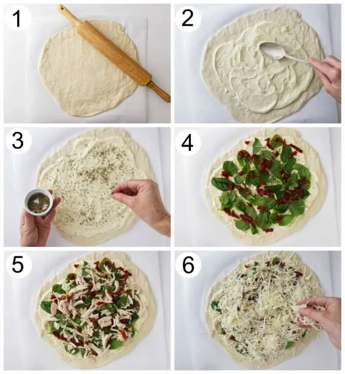 Process photos showing how to make chicken spinach pizza with white garlic sauce.