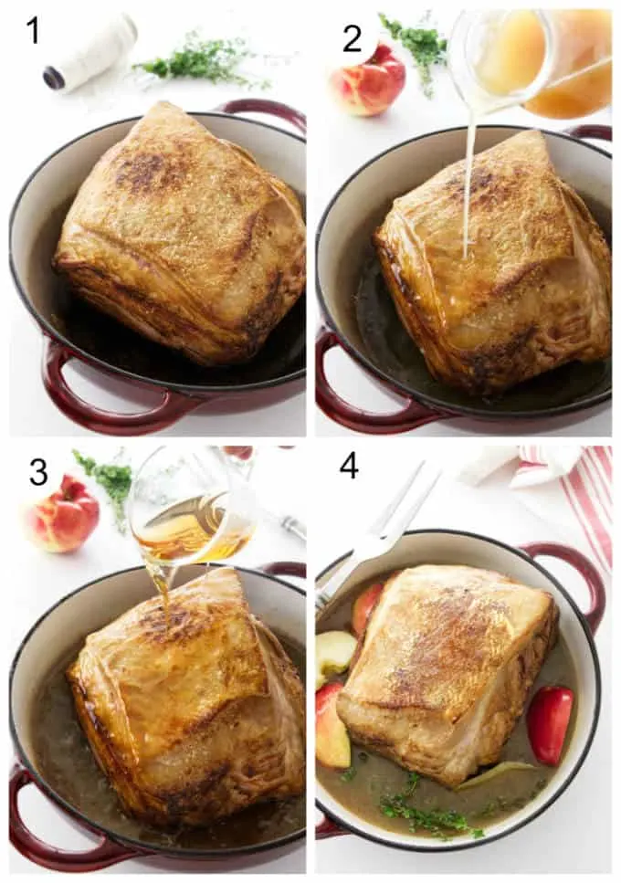 Process steps showing how to prepare a pork roast with apples.