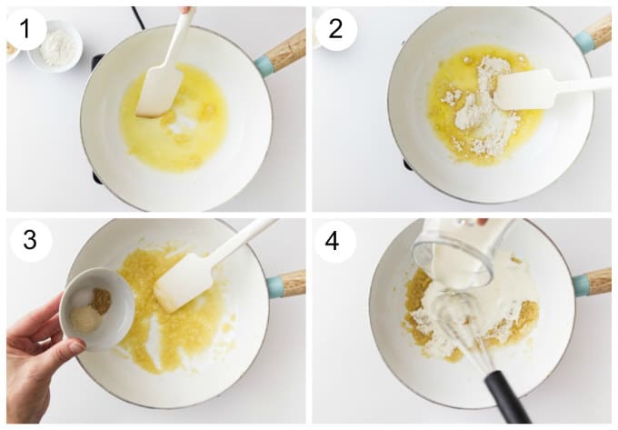 process photos showing how to make white garlic sauce for pizza.
