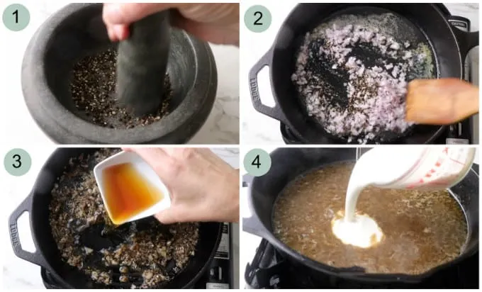 collage of photos showing how to make peppercorn steak sauce.