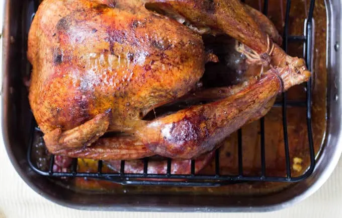 a roast turkey in a roasting pan.
