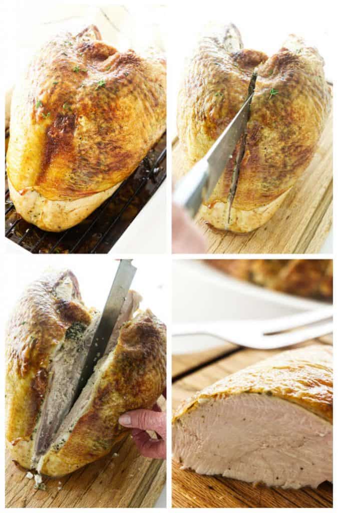 Four photos showing how to carve a turkey breast.