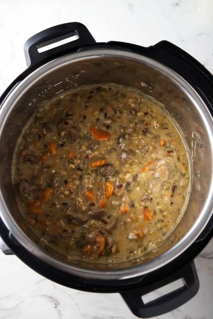 Hot wild rice and mushroom soup in an Instant Pot.