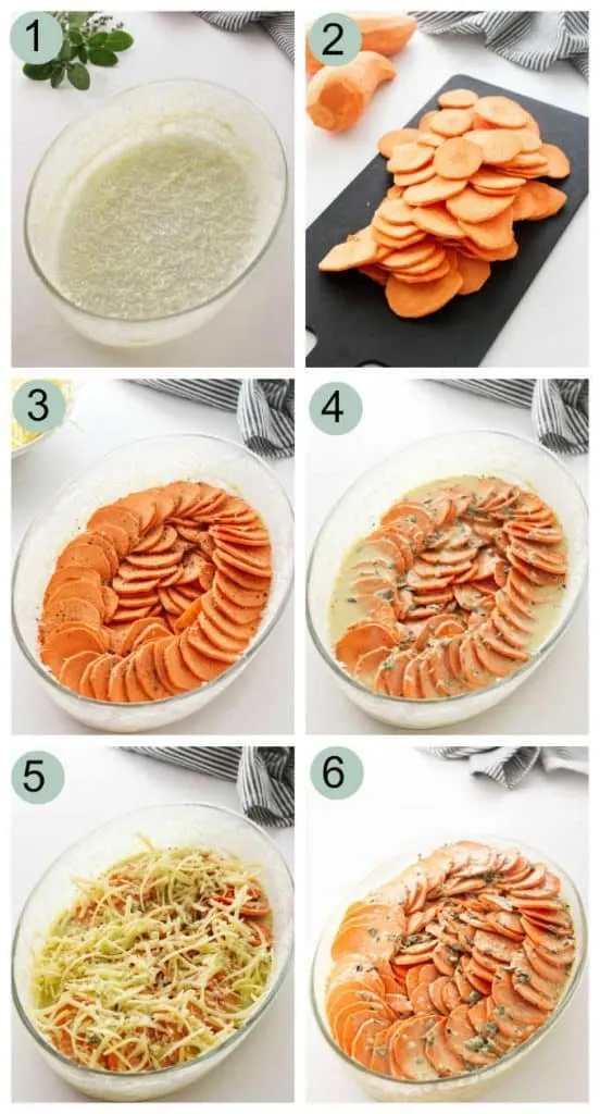 Process photos showing how to make a scalloped sweet potato casserole.