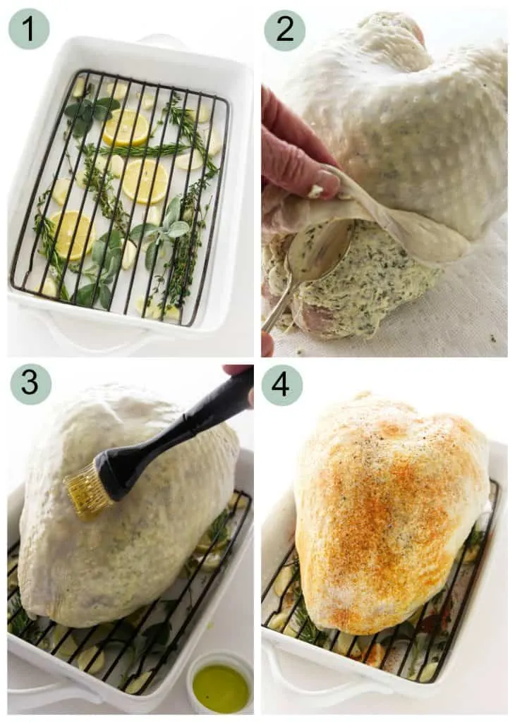 Four photos showing how to make a roasted turkey breast with garlic herb butter.