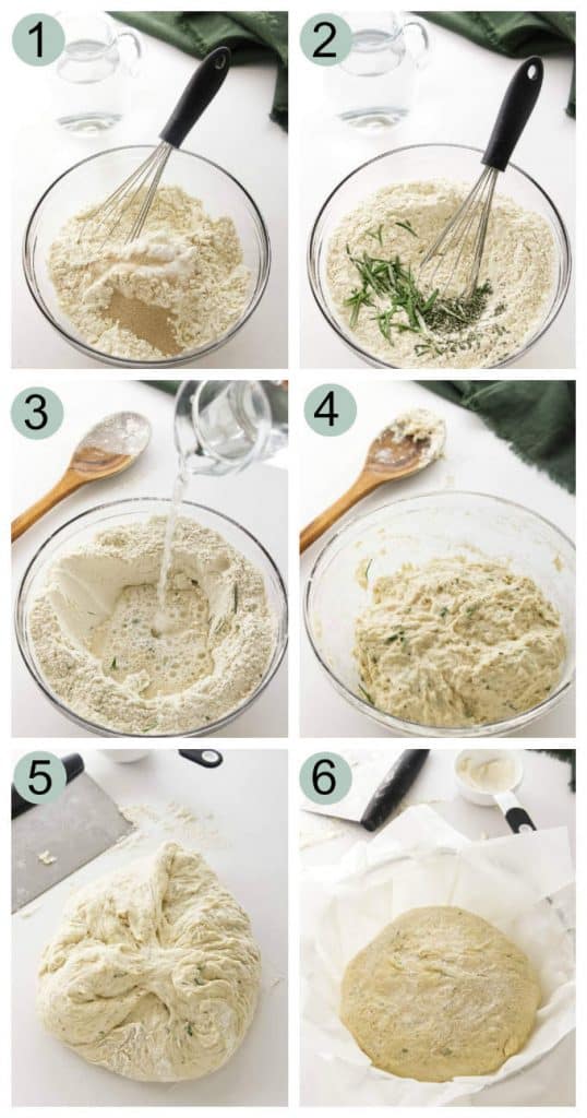 Process photos showing how to make no knead rosemary bread.