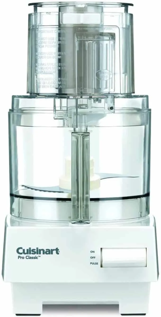 Cuisinart food processor in white.