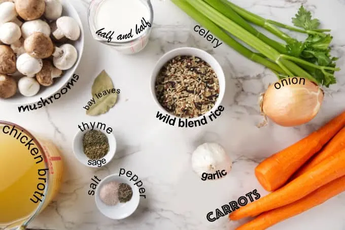 Ingredients needed for Instant Pot wild rice and mushroom soup.