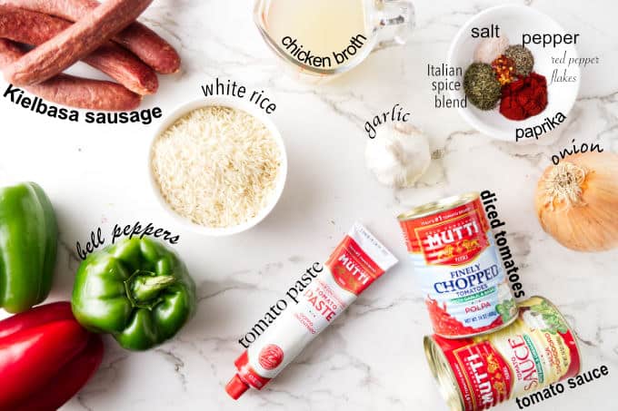 Ingredients used for sausage and rice skillet dinner.