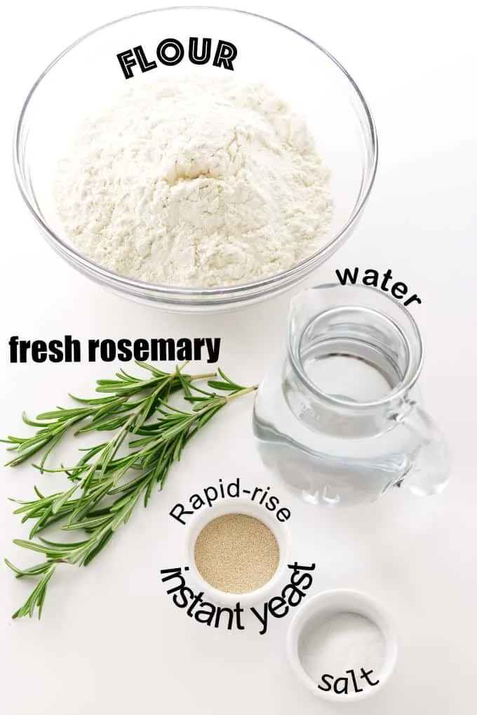 Ingredients needed for no knead rosemary bread.