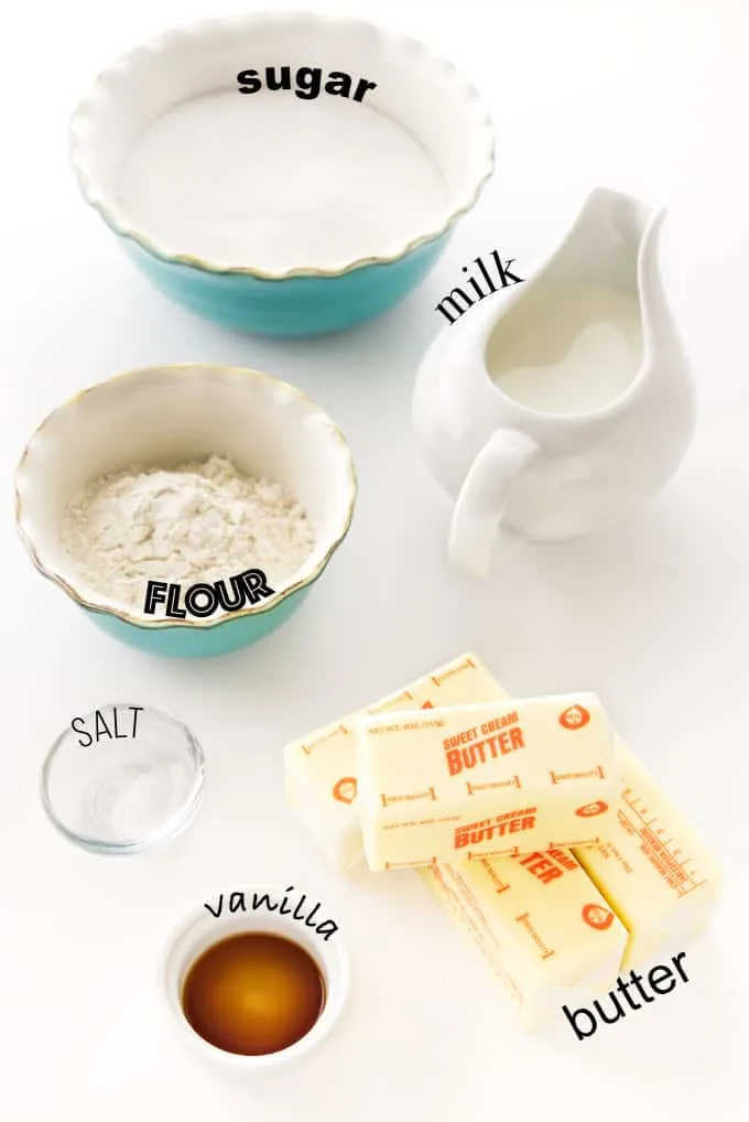 Ingredients needed for cooked flour ermine frosting.
