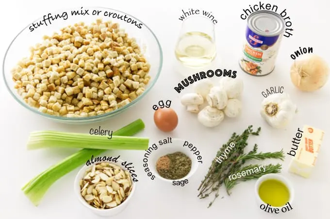 Ingredients needed to make mushroom stuffing with stuffing mix or croutons.