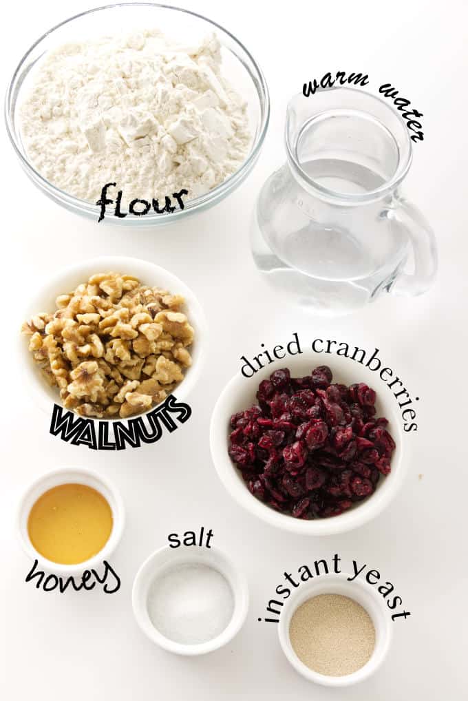 Ingredients for no knead cranberry walnut bread