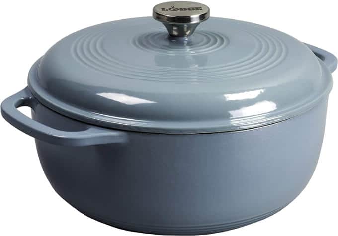 A Lodge cast iron Dutch oven.