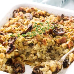 Mushroom stuffing in a casserole dish.