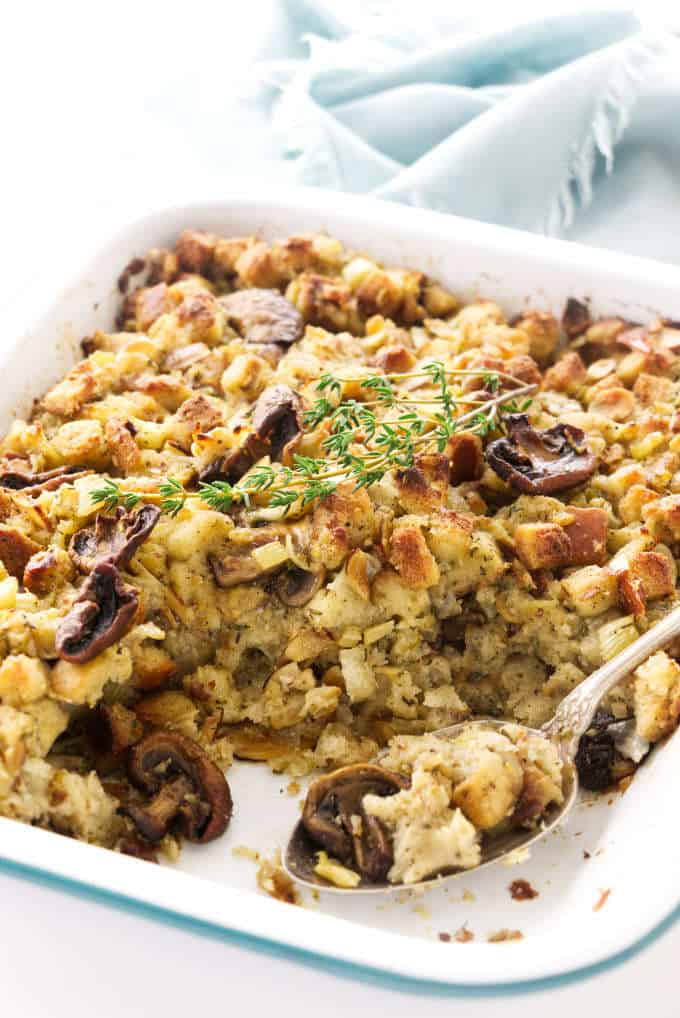 Mushroom stuffing in a casserole dish.