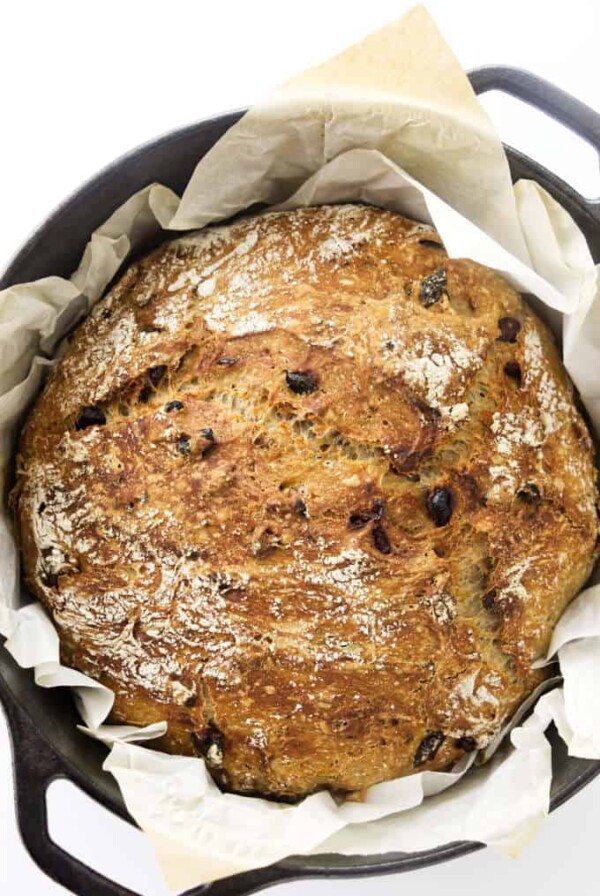 Overhead view of bread in a Dutch oven