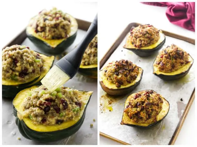 Process photos showing the final steps in making sausage stuffed acorn squash.