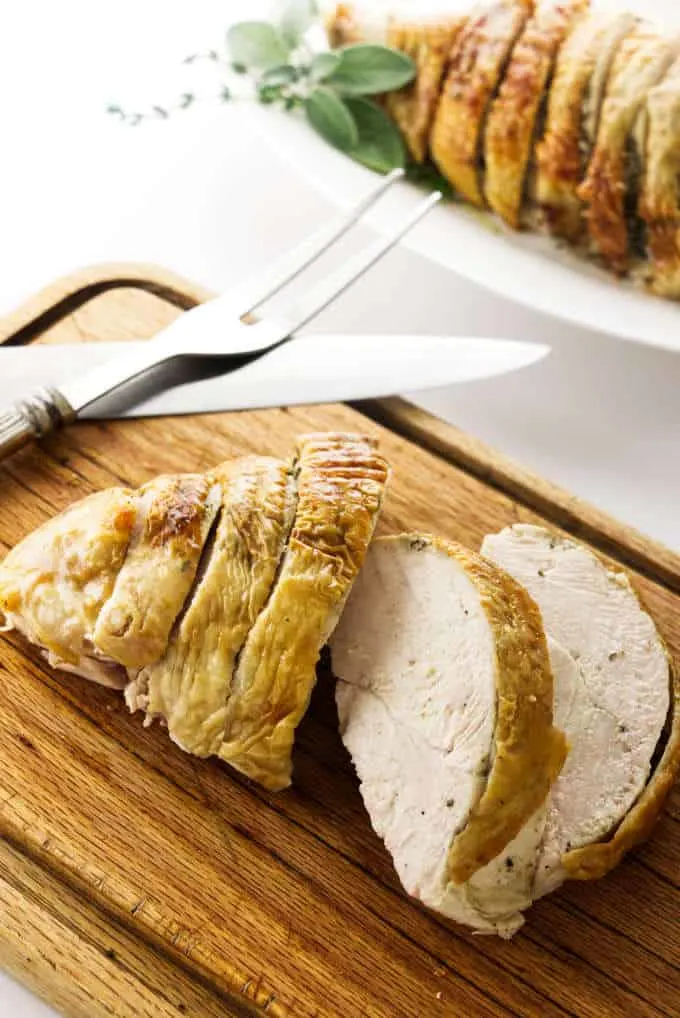 A sliced turkey breast on a cutting board.