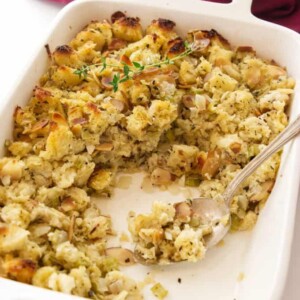 Sourdough stuffing in a baking dish.