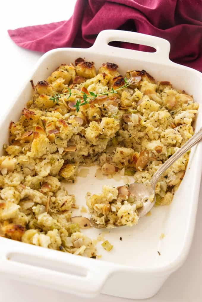 Sourdough stuffing in a baking dish.