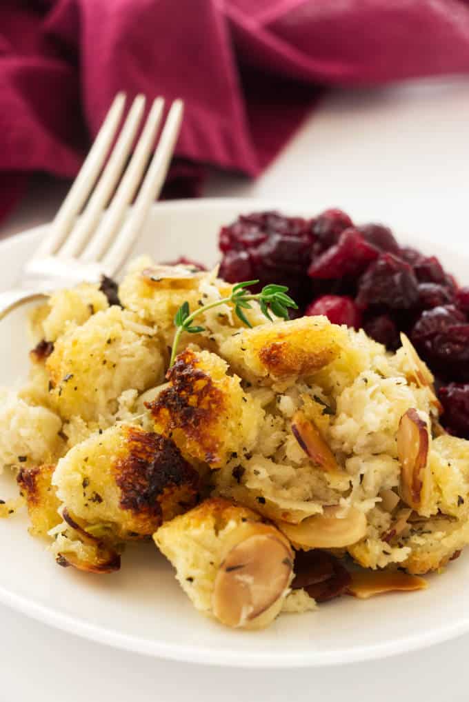 A serving of sourdough stuffing on a plate.