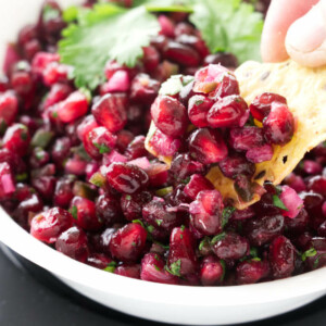 Pomegranate Salsa with a tortilla Chip dipping.