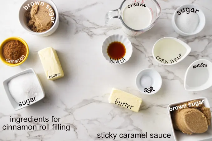 Ingredients needed for cinnamon roll filling and for gooey caramel sauce.