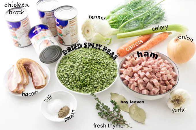 All the ingredients needed to make split pea and ham soup.