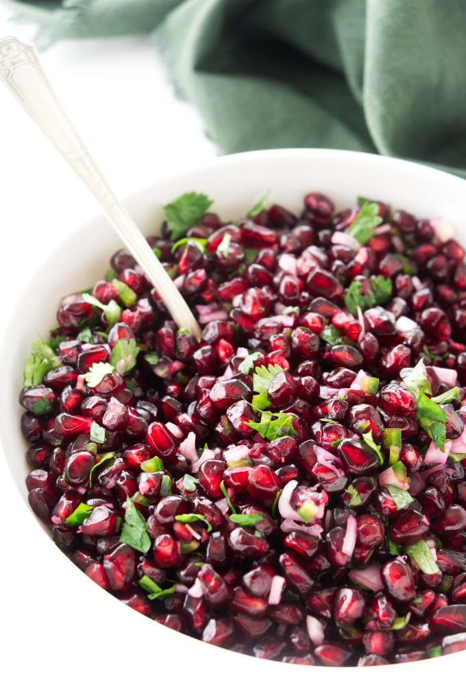 Overhead photo of a bowl of pomegranate salsa