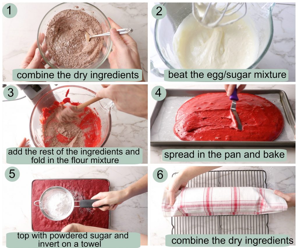 Six process photos showing how to make batter and roll the cake for a red velvet cake roll.