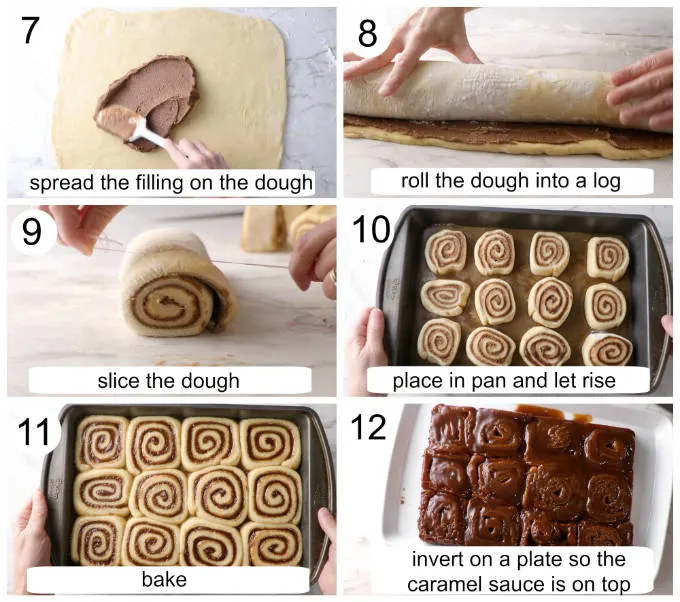 Process photos showing how to make gooey cinnamon rolls with cinnamon roll filling.