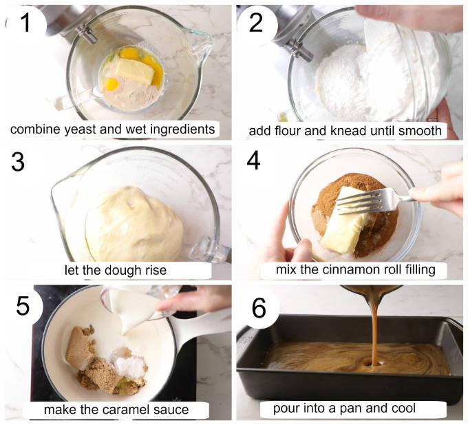 Process photos showing how to make gooey cinnamon rolls.