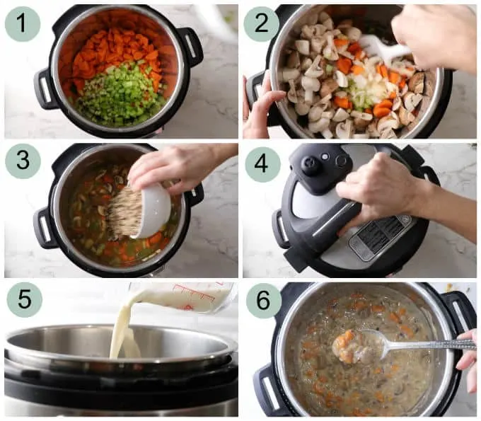 Process photos showing how to make Instant Pot wild rice and mushroom soup.