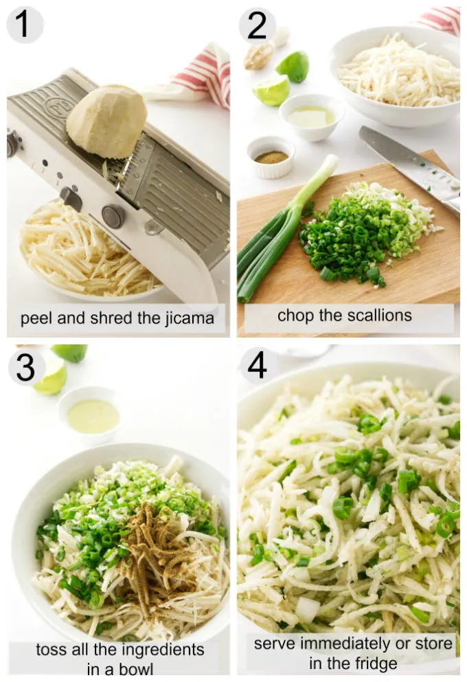 collage of process pictures showing how to make jicama slaw.