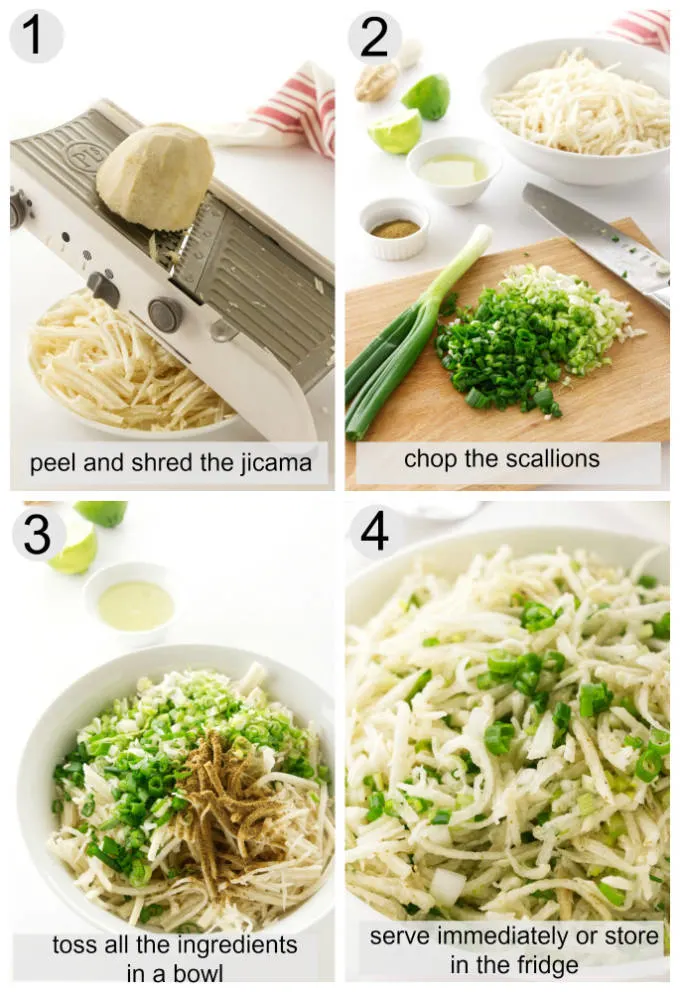 Collage of process pictures showing how to make jicama slaw.