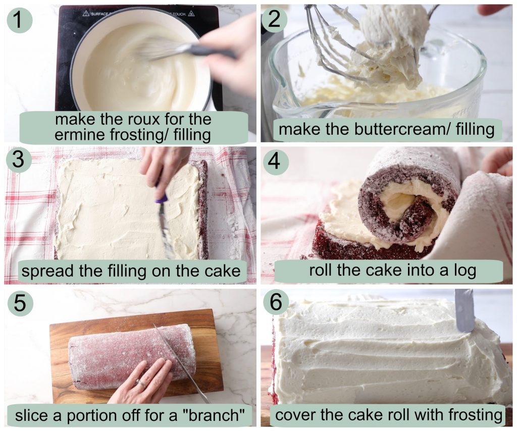 Six photos showing how to make the frosting and roll the cake into a log for a red velvet cake roll.