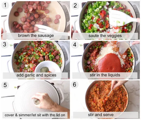 Process photos showing how to make sausage and rice skillet dinner.