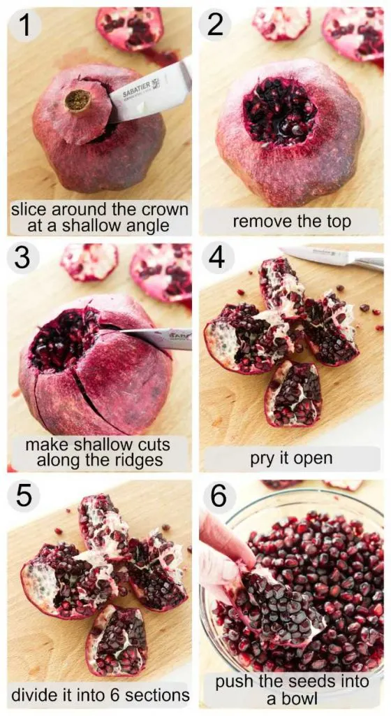 Photos showing how to remove arils from a pomegranate