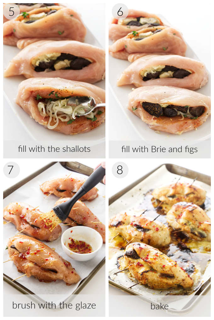 Four photos showing the process of filling, glazing and roasting Fig and Brie Stuffed Chicken Breasts