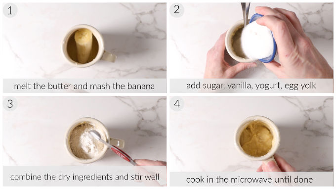 Collage of four photos showing how to make a banana cake in a mug.
