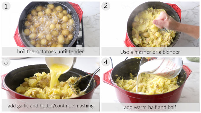 Collage of four photos showing how to make mashed creamer potatoes.