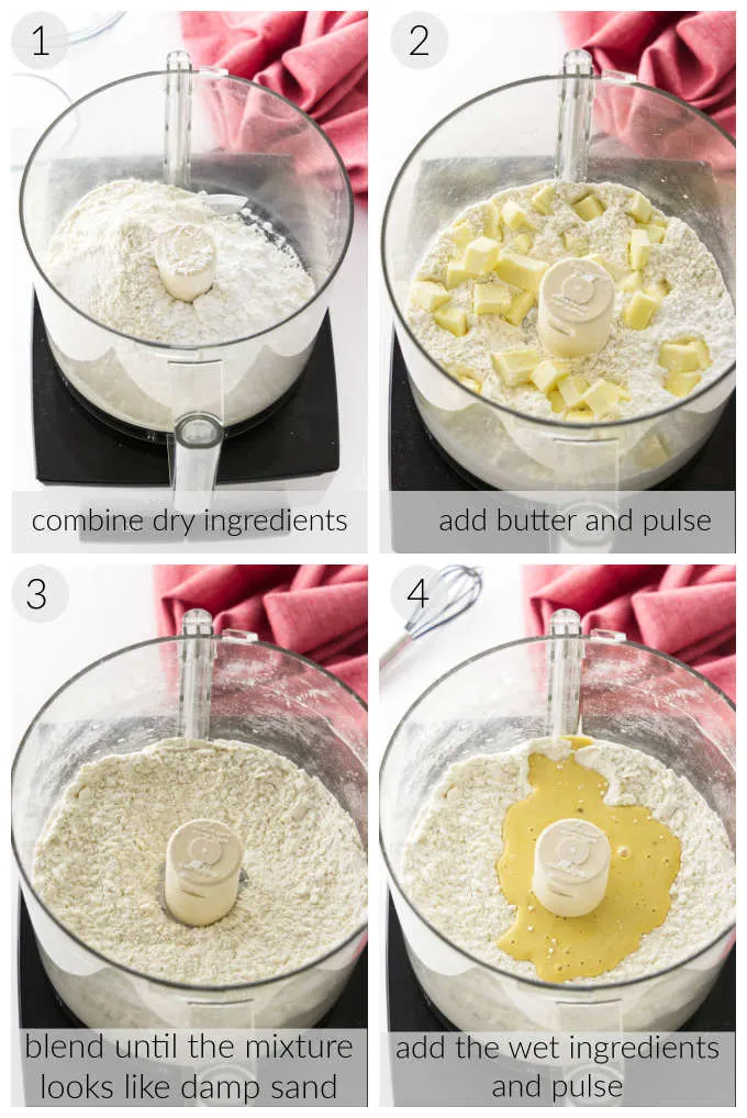 A collage of four photos showing how to make a shortbread pastry crust.
