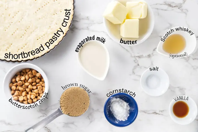 Ingredients needed to make a butterscotch tart.