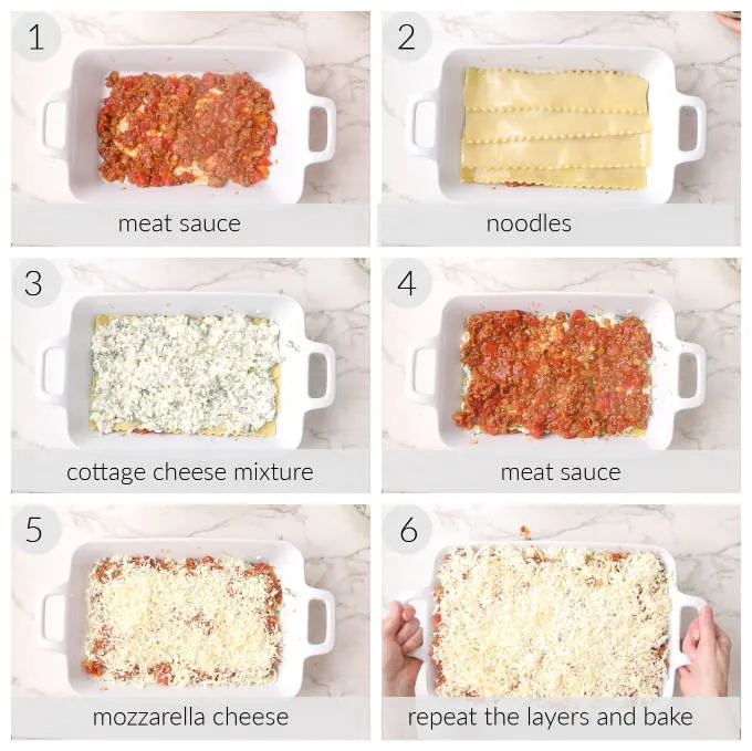 Collage of 6 photos showing how to layer a sausage and beef lasagna.